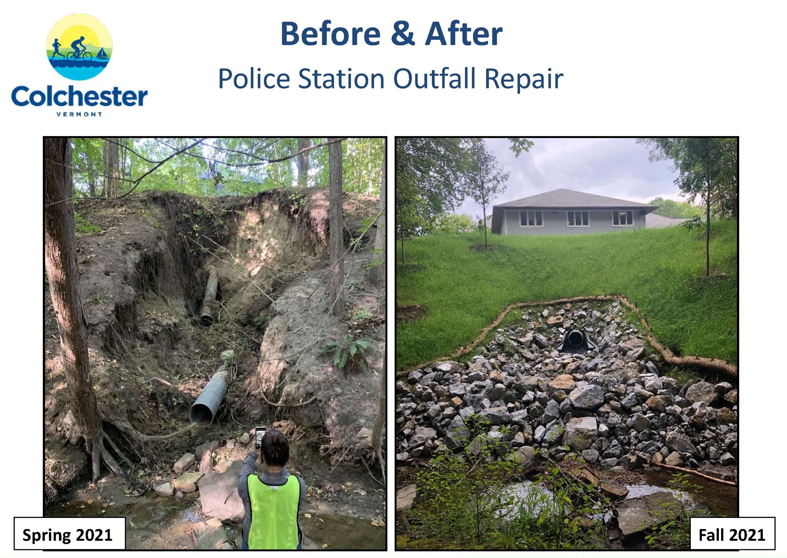 A photo showing the construction of an outfall behind the police station.